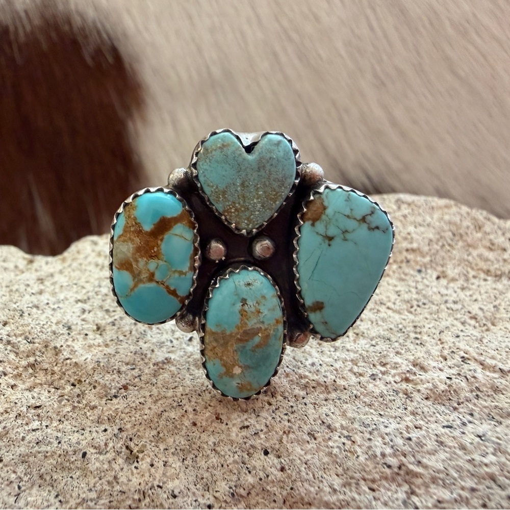 ❤️ #8 Turquoise Navajo Style 4 Stone Heart Statement Ring Adj Unisex 7.8 Gms 925